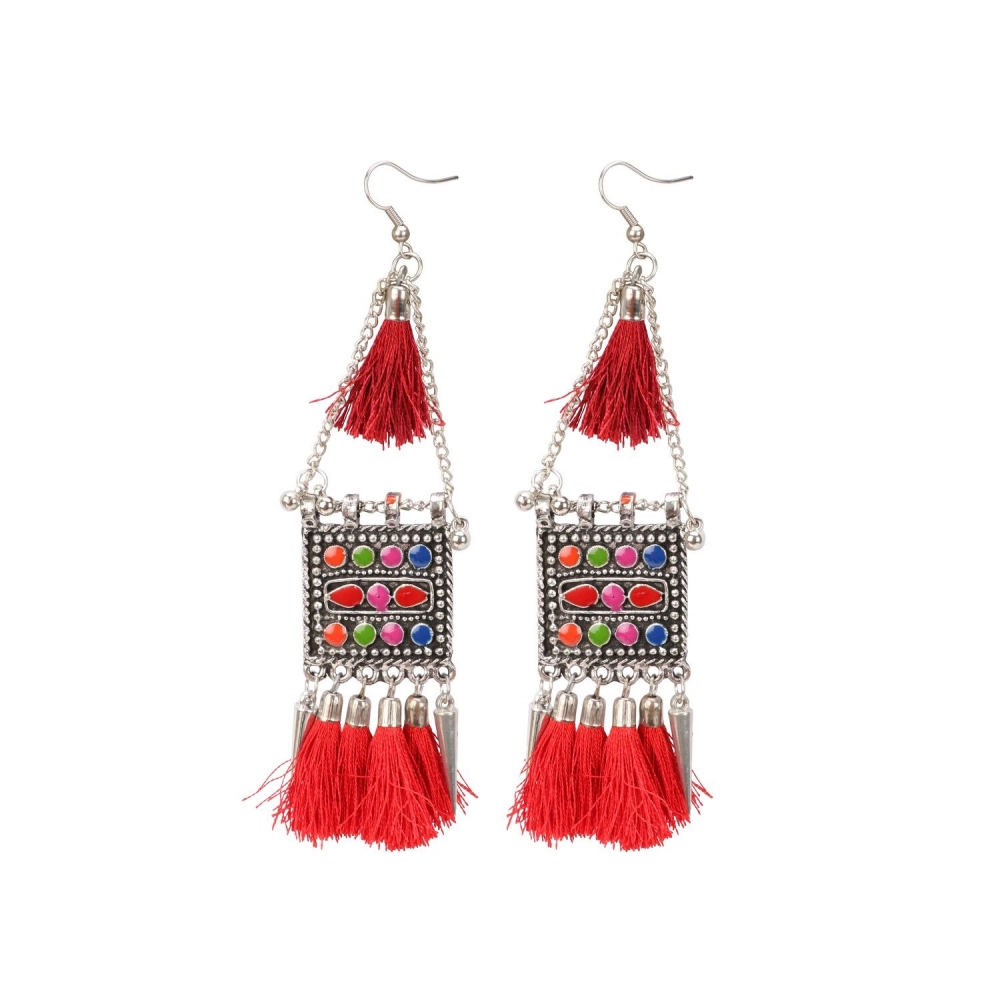 Generic Women's Oxidize Gold plated Hook Dangler Hanging Tassels Earring-Multicolour