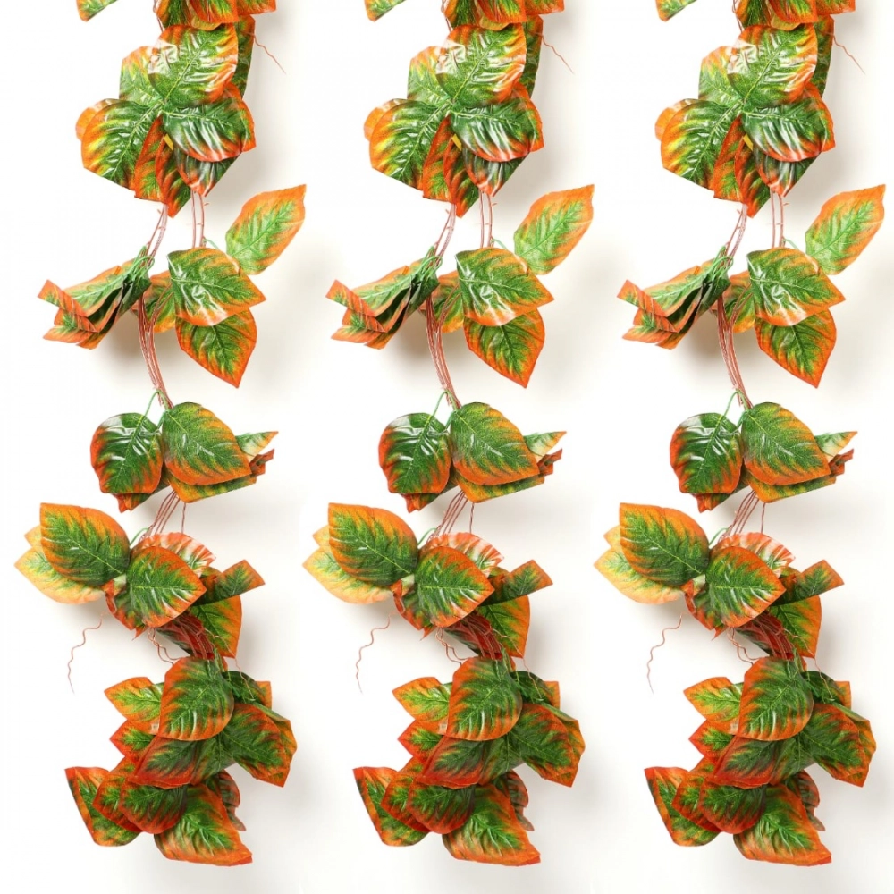 Generic Pack Of 5 Silk Polyester Artificial Shaded Orange Green Leaf Vine Hanging Garland Foliage Flowers Leaf Plants For Wall Decoration (Color: Orange-Green,Length: 15 Feet)