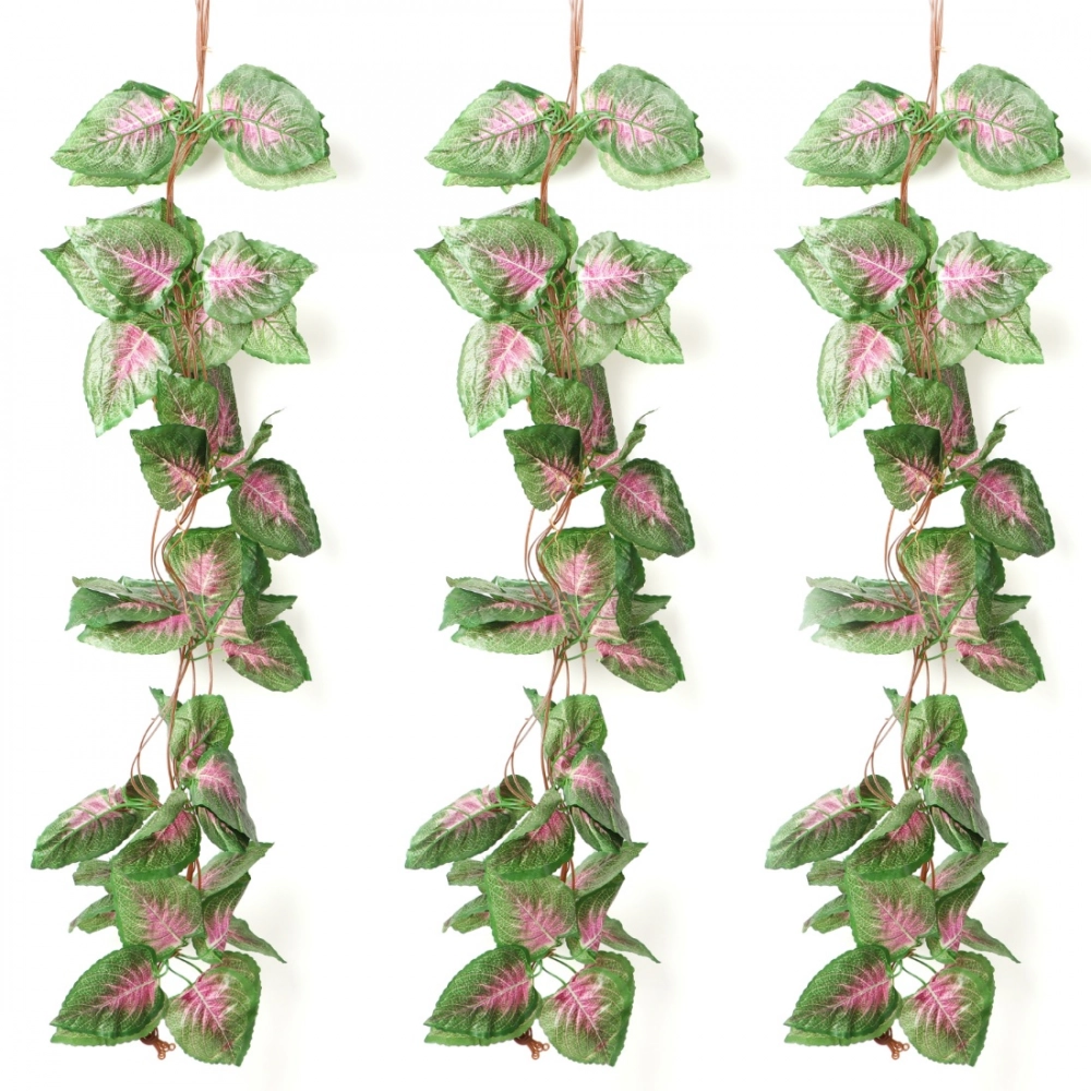 Generic Pack Of 5 Silk Polyester Artificial Shaded Pink Green Leaf Vine Hanging Garland Foliage Flowers Leaf Plants For Wall Decoration (Color: Pink-Green,Length: 15 Feet)