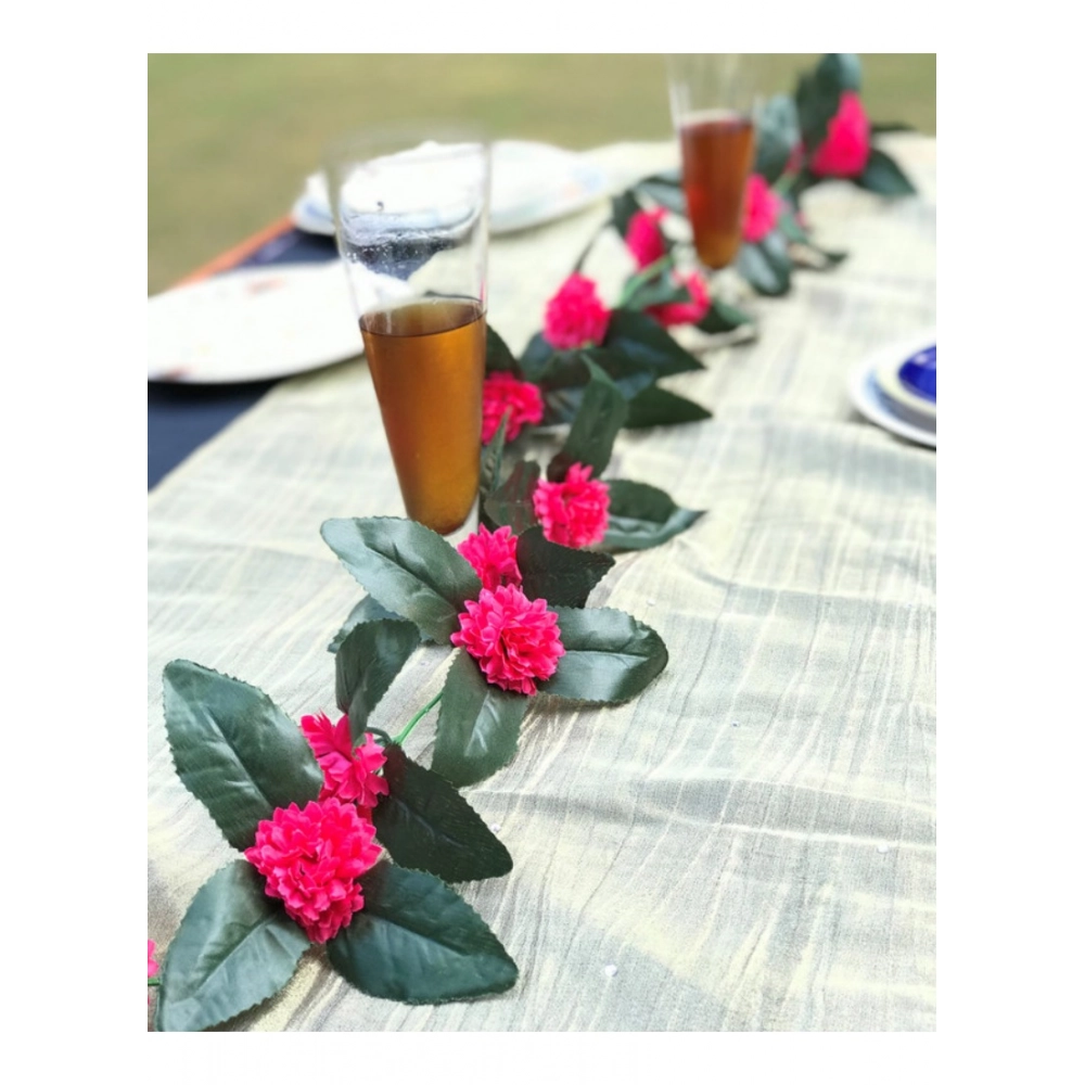 Generic Artificial Dark Pink Marigold Genda Flower Vine Creeper With Big Green Leaves For Home Decoration (Color: DarkPink, Material: Silk Polyester)