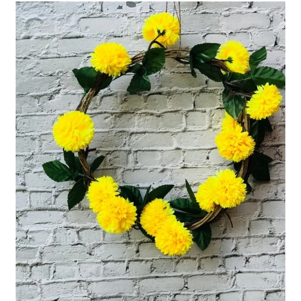 Generic Artificial Yellow Chrysanthemum Dahlia Flower Vine Creeper With Big Green Leaves For Home Decoraton (Color: Yellow, Material: Silk Polyester)